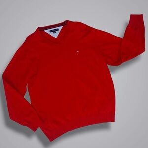 Tommy Hilfiger Red V-Neck Sweater XXL | 100% Cotton | Classic Knit Logo